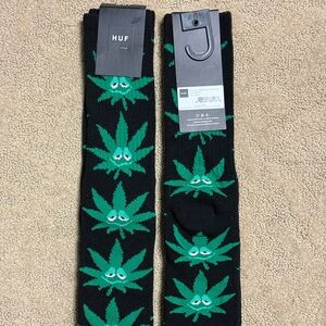 HUF Black Socks with Green Leaf Design